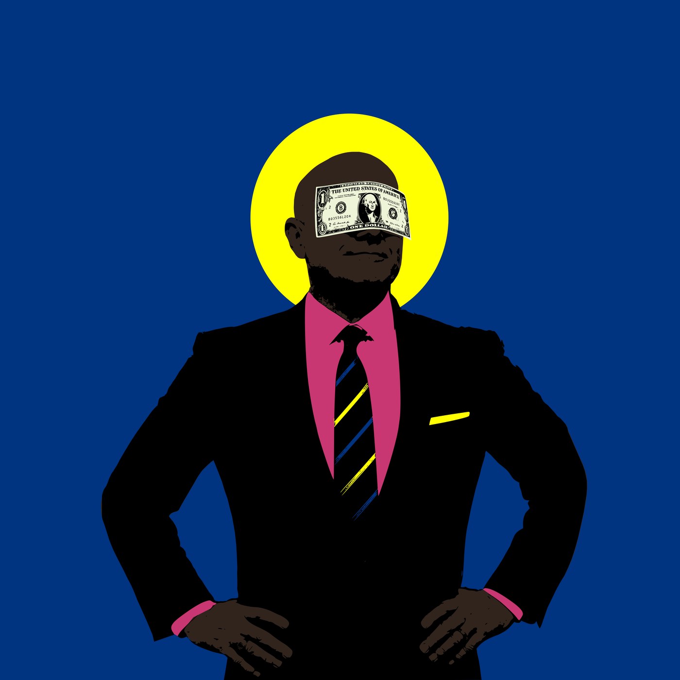 See No Evil — figure with a dollar bill covering the eyes, yellow halo, deep blue background